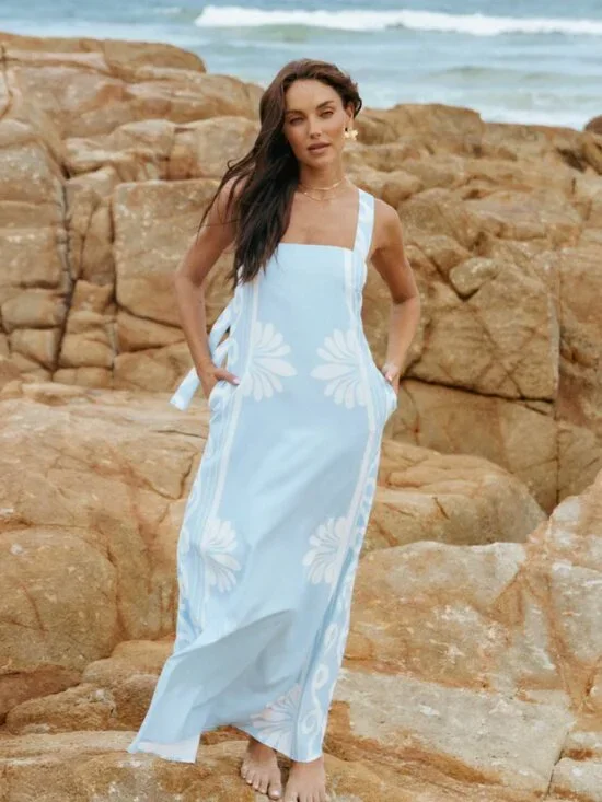 Petal & Pup | Valeria Linen Blend Pastel Blue Maxi Dress w/ Pockets | Size Large - Picture 6 of 16